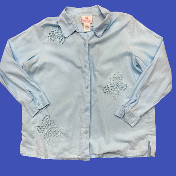 Quacker Factory Vintage Baby Blue Linen Butterfly Button Down Shirt 1X - Picture 1 of 9